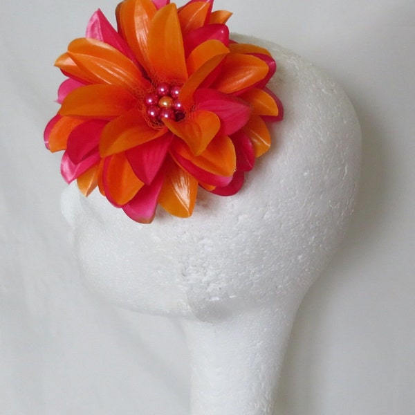 Bright Orange and Raspberry Pink Vibrant Hibiscus Flower Vintage Rockabilly Style Clip In Hair Wedding Party Accessory - Made to Order