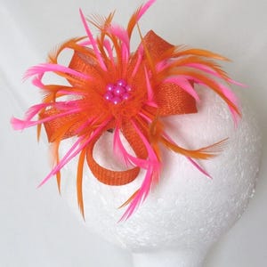 Bright Orange and Neon Fuchsia Hot Pink Vibrant Sinamay Loop Feather Clip Fascinator Mini Hat Headpiece Bag Wedding Races - Made to Order