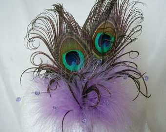 Lilac Peacock Fascinator - Mauve Lavender Fluff Feather Crystal - Regency Style Vintage Wedding - Headband or Comb - Made to Order