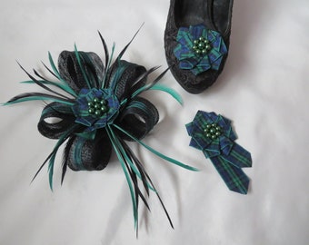 Black and Bottle Emerald Green Tartan Fascinator Mini Hat Headpiece Brooch & Shoe Clips Set - Wedding Black Watch Plaid Celtic Made to Order