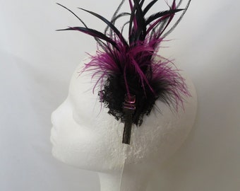 Black and Amethyst Purple Feather Plume Regency Style Vintage Clip in Updo Fascinator Headpiece - Wedding Party Costume - Ready Made