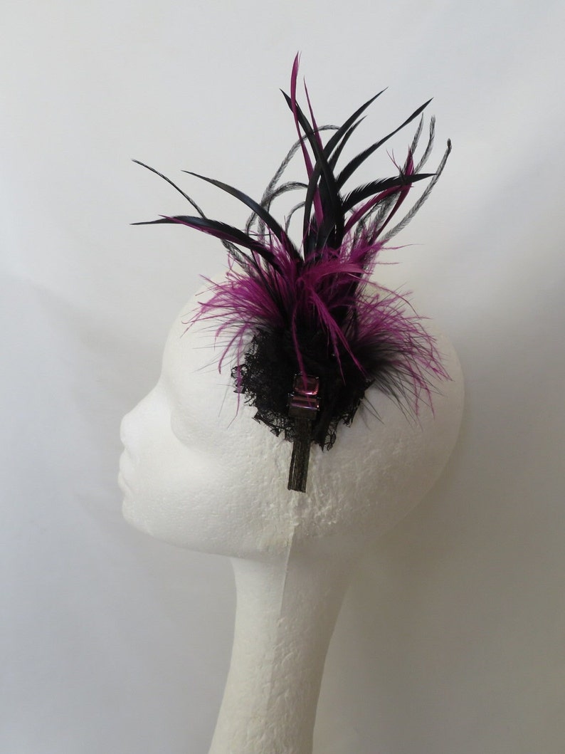 Black and Amethyst Purple Feather Plume Regency Style Vintage Clip in Updo Fascinator Headpiece Wedding Party Costume Ready Made image 1