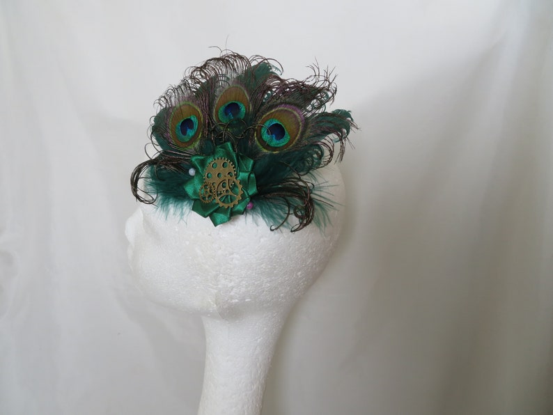Bottle Green Peacock Feather and Pearl Steampunk Rustic Mini Hair Clip Fascinator Headpiece Gift Racing Hunter Wedding Made to Order image 6