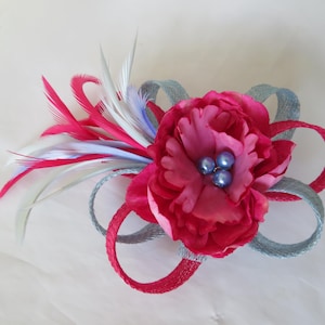 Small Raspberry Pink and Pale Blue Sinamay Loop & Feather Blossom Flower Comb Fascinator Mini Headpiece Wedding - Ready Made