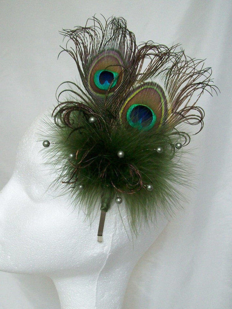 Olive Khaki Green Peacock Feather Pearl Crystal Chartreuse Vintage Regency Style Wedding Fascinator Party Races Made To Order image 4