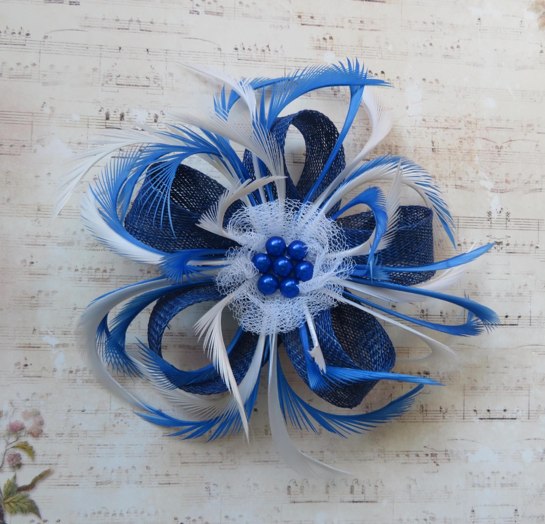 Blue Sinamay Comb Fascinator With Sinamay Rosettes and Blue White Feathers Pale Blue Navy Sinamay Saucer Feather Fascinator Hat for  main image 3