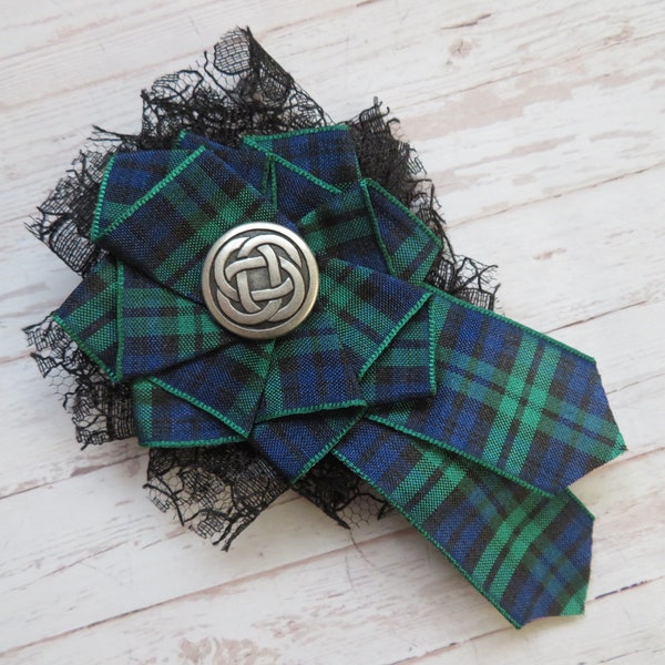 Black Watch Tartan and Lace Shabby Chic Brooch Crystal or Pearl Corsage Bridal Pin Highlands Burns Scottish Wedding - Made to Order