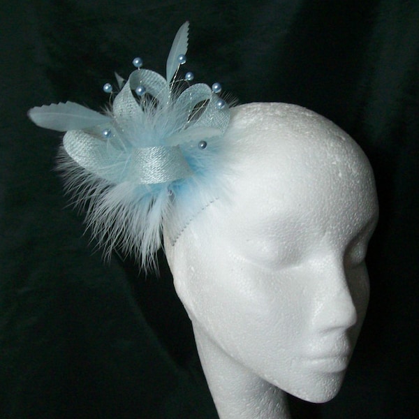 Pale Blue Fascinator Powder Blue Marabou Fluff Feather Sinamay Loop & Crystal Pearl Bead Vintage Wedding Mini Hair Comb Band - Made to Order