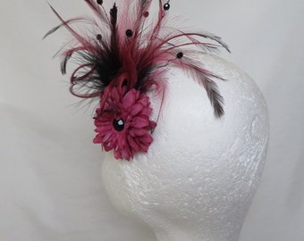Black and Dusky Rose Pink Feather Plume Regency Style Vintage Comb Updo Fascinator Headpiece - Wedding Party Costume - Ready Made