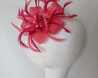 Coral Flamingo Pink & Dark Raspberry Pink Sinamay Loop Vibrant Feather Clip Fascinator Mini Hat Headpiece Bag Wedding Races - Ready Made