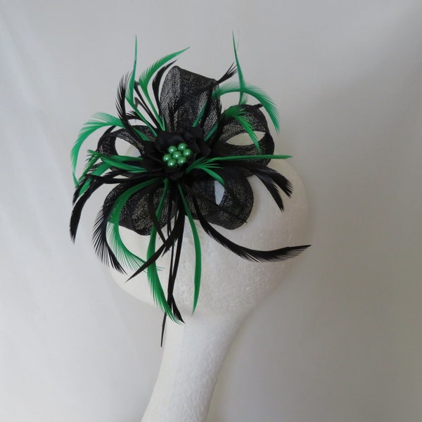 Emerald Green and Black Sinamay Loop Fascinator Mini Hat Headpiece Wedding Races Ladies Day Jade Greens - Made to Order