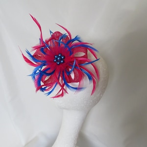 Cerise Fuchsia Pink and Royal Cobalt Sapphire Blue Sinamay Loop Feather Clip Fascinator Mini Hat Headpiece Wedding  - Made to Order