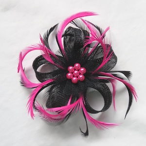 Black & Hot Bright Fuchsia Pink Sinamay Feather Clip Fascinator Mini Hat Headpiece Bag Wedding Races - Made to Order