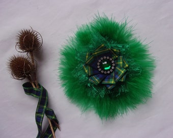 Emerald Green Tartan Feather and Lace Brooch Gordon Plaid Crystal Corsage Pin Highlands Mothers Day Gift Scottish Wedding - Ready Made