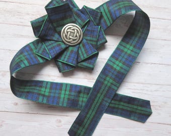 Black Watch Tartan Ruffle Rosette Celtic Button Wrist Corsage Wristlet Bracelet Scottish Plaid Ribbon Prom Wedding Ceilidh - Made to Order