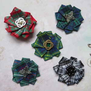 Mini Tartan Haarspangen kariertes Band Rüschen & Kristall Perle Scottish Highland Clan Hochzeitsbrosche Burns Night Ceilidh - Made to Order