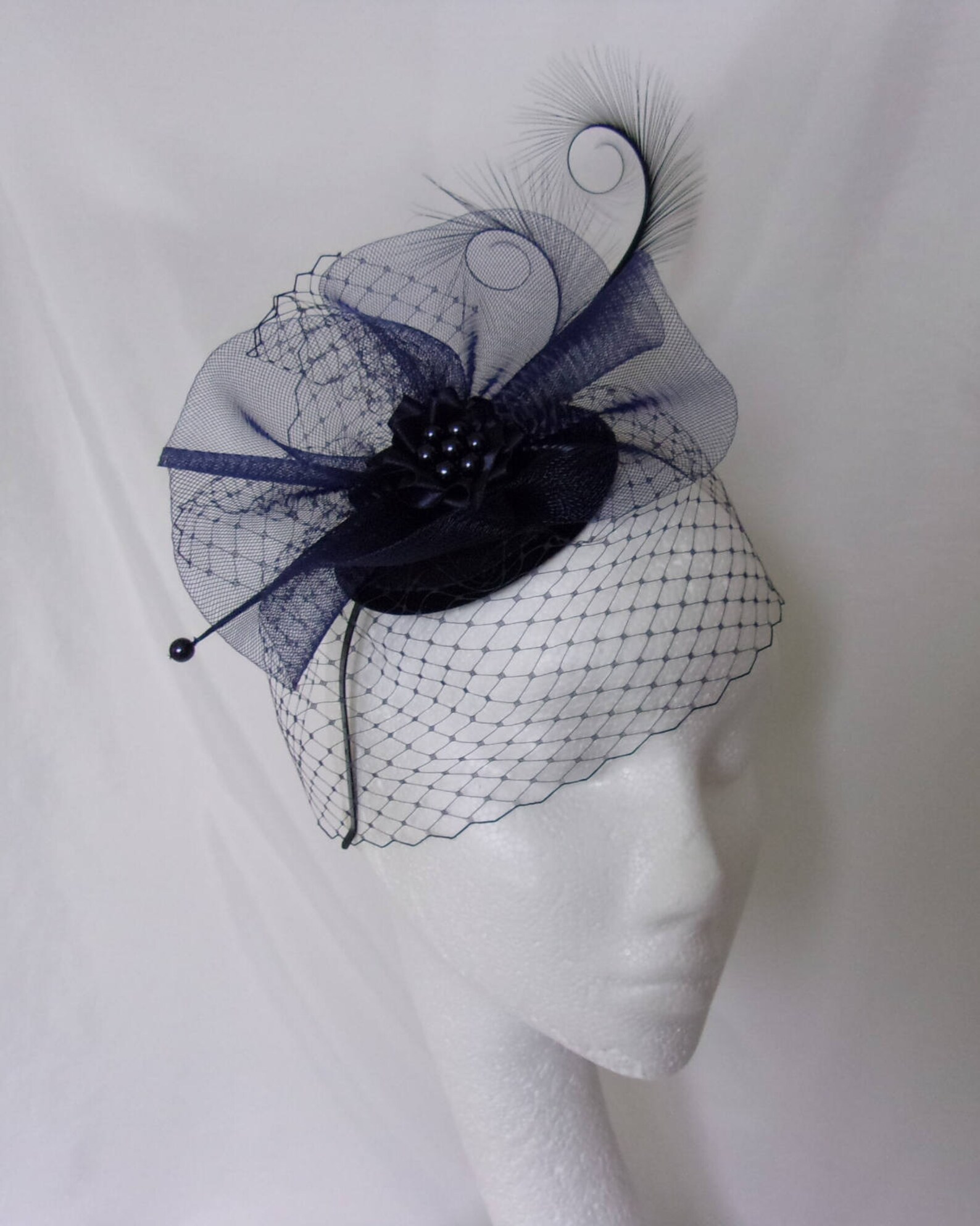 Navy Veiled Fascinator Midnight Blue Curl Feather Veil & Etsy