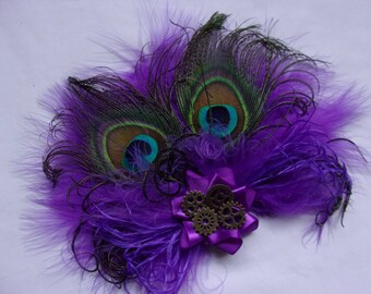 Purple Steampunk Fascinator Peacock Feather Victoriana Wedding Hair Clip Hoofddeksel met Brass Cogs Gift Gifts- Made to order