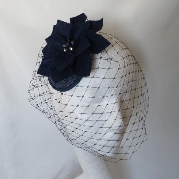 Navy Blue Vintage Style Handmade Felt Flower Veiled Fascinator Headpiece Retro 50s Hat - Wedding Bride Races Ascot Derby - Made to Order