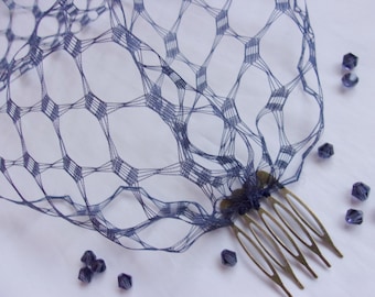 French Navy Vintage Waffle Weave 1940's - 1950's Style Birdcage Bandeau Alternative Brides Wedding Bridal Veil - Comb or Grip Attachment