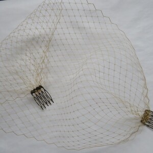 May include: A white bridal veil with a fine mesh pattern and two black combs attached.
