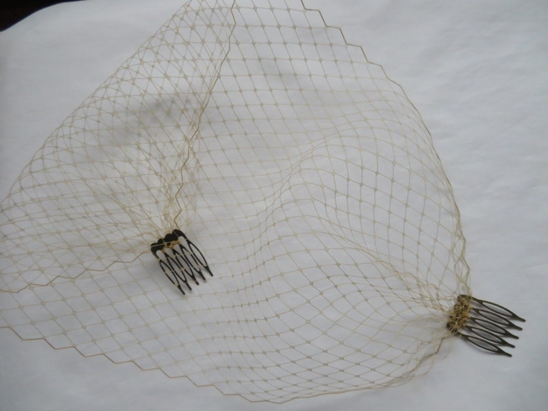May include: A white bridal veil with a fine mesh pattern and two black combs attached.