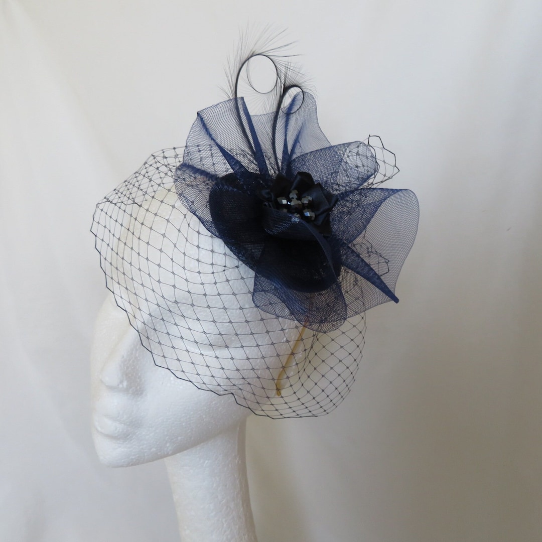 Navy Vintage Veiled Fascinator Midnight Blue Curl Feather Veil