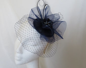 Navy Vintage Veiled Fascinator - Midnight Blue Curl Feather Veil & Crinoline Wedding Fascinator Mini Hat Ascot Derby - Made to Order