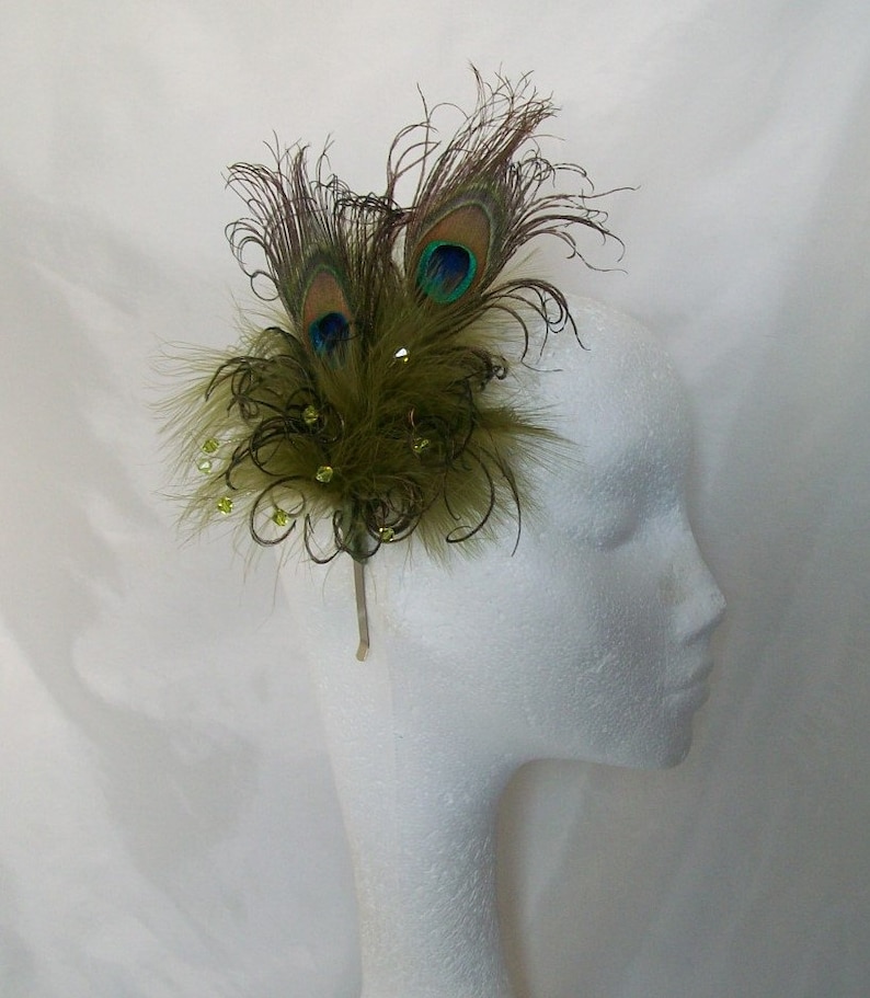 Olive Khaki Green Peacock Feather Pearl Crystal Chartreuse Vintage Regency Style Wedding Fascinator Party Races Made To Order image 5
