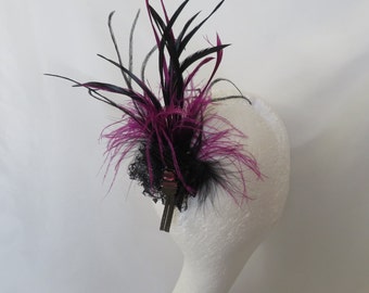 Amethyst Purple and Black Feather Plume Regency Style Vintage Clip in Updo Fascinator Headpiece - Wedding Party Costume - Ready Made