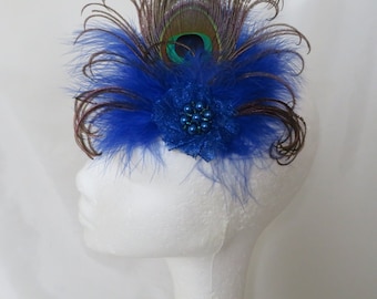 Royal Blue Peacock Feather Fascinator Sapphire Cobalt Vintage Hair Clip Headpiece Wedding Retro Gift Gifts - Made to Order