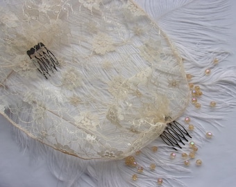 Gold Lace Veil Champagne Birdcage Bandeau Brides Wedding Bridal Veils with Combs - Vintage Gatsby 1920s Style - Boho - Made to Order