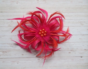 Cerise Fuchsia Pink and Burnt Orange Sinamay Loop Feather Clip Fascinator Mini Hat Headpiece Wedding Races - Made to Order