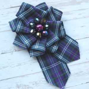 Pride of Bannockburn Tartan Ruffle Rosette Mini Brooch Pin Purple Scottish Highland Plaid Ribbon Wedding Buttonhole Corsage - Made to Order