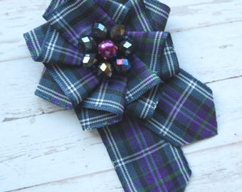 Pride of Bannockburn Tartan Ruffle Rosette Mini Brooch Pin Purple Scottish Highland Plaid Ribbon Wedding Buttonhole Corsage - Made to Order