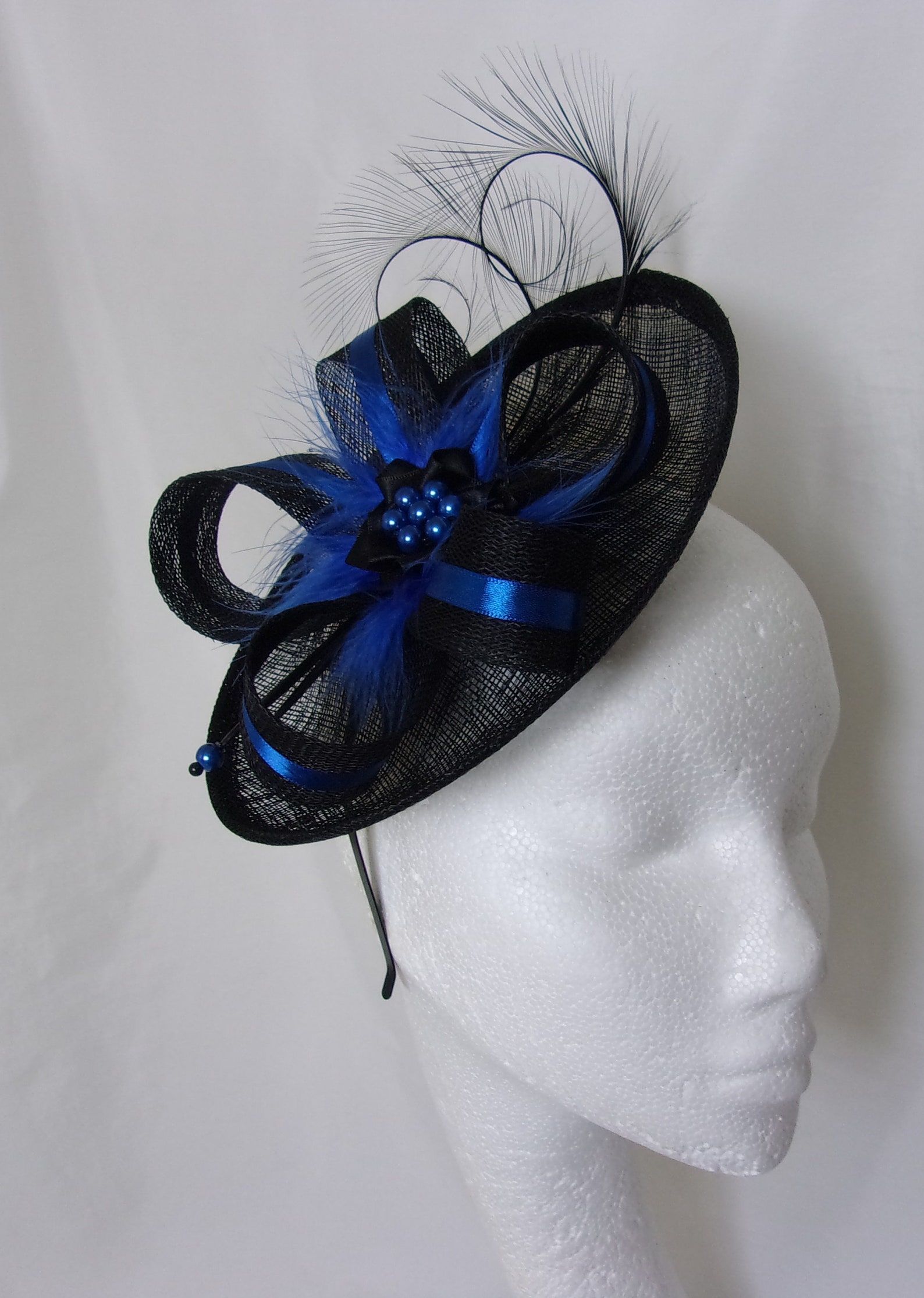 Cobalt Blue and Black Saucer Fascinator Wedding Hat With Curl Etsy UK