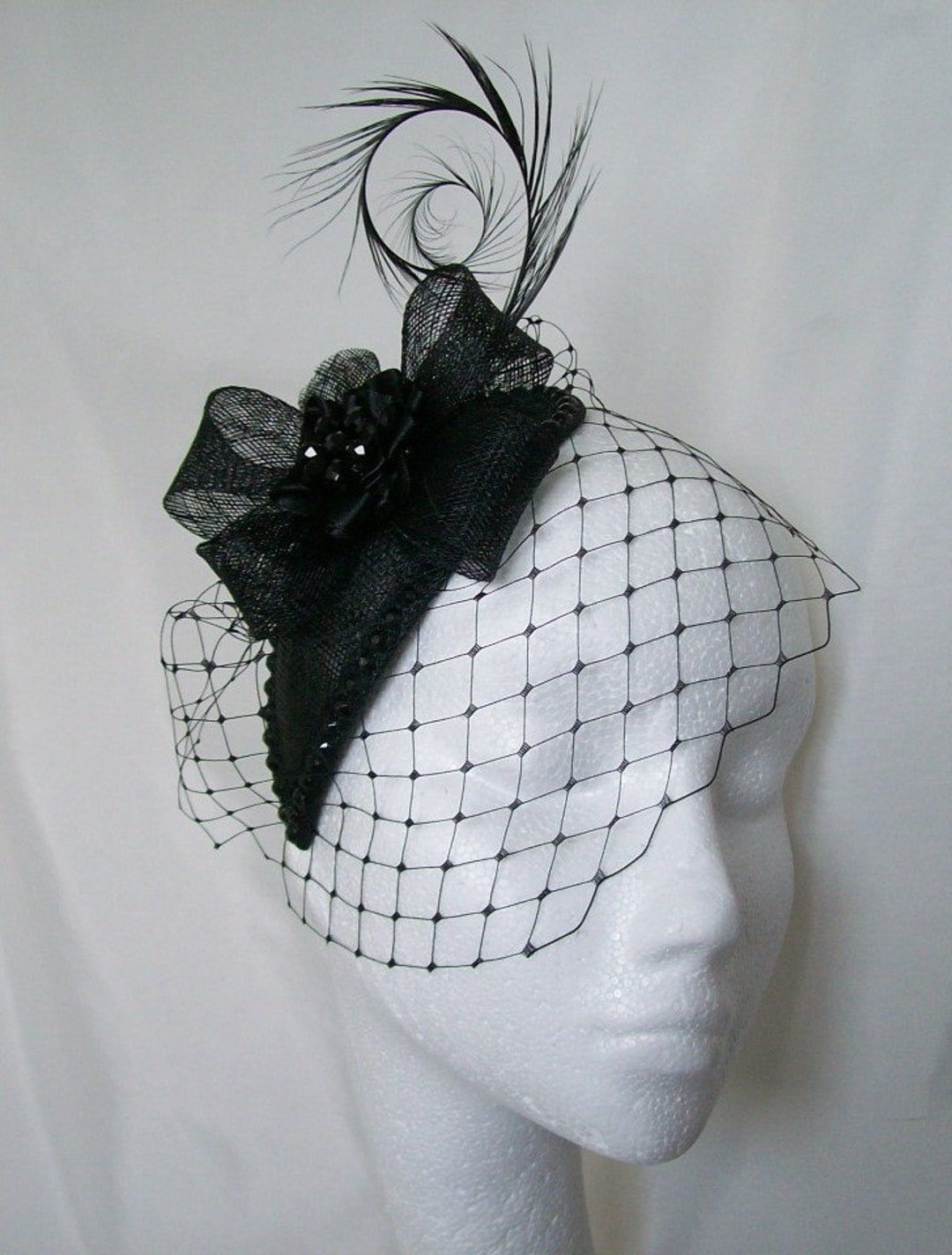 Black Crystal Fascinator Veiled Crystals or Pearl Studded Teardrop