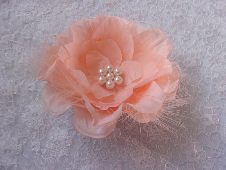Ready Made Bright Peach Rose /& Feather Pearl Hair Clip Accessory Retro Boho Festival Flowers Vintage Wedding Prom
