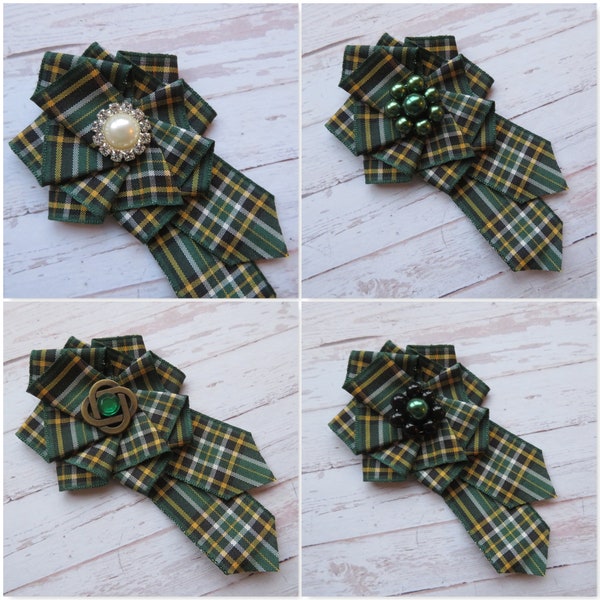 Irish National Tartan Ruffle Rosette Mini Brooch Pin Ireland St Patricks Day Ribbon Wedding Buttonhole Corsage Gift - Made to Order