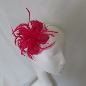 Cerise Bright Fuchsia Shocking Pink Sinamay Loop Feather Clip Fascinator Mini Hat Headpiece Wedding Races Ascot - Made to Order
