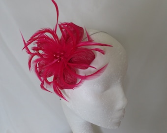 Cerise Bright Fuchsia Shocking Pink Sinamay Loop Feather Clip Fascinator Mini Hat Headpiece Wedding Races Ascot - Made to Order