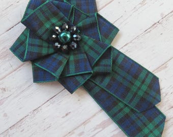 Black Watch Tartan Ruffle Rosette Pearl and Crystal Bead Brooch Pin Scottish Plaid Ribbon Wedding Buttonhole Corsage - Made to Order