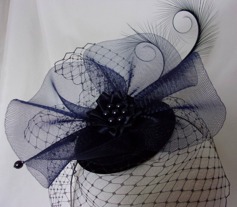 Navy Veiled Fascinator Midnight Blue Curl Feather Veil & Etsy