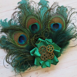 Bottle Green Peacock Feather and Pearl Steampunk Rustic Mini Hair Clip Fascinator Headpiece Gift Racing Hunter Wedding Made to Order image 2