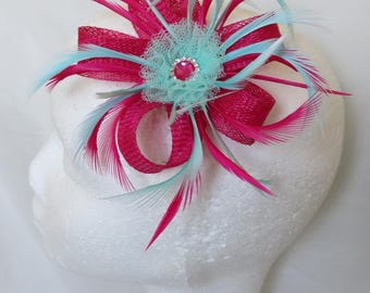 Cerise Pink Feather Fascinator, Sinamay Hair Clip Headpiece, Aqua Blue Detail, Wedding Guest, Garden Party & Races, Ready to Wear