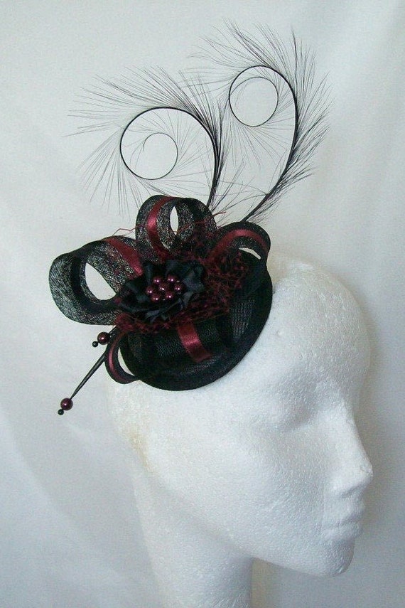Feather Fascinator Black & Burgundy Wine Maroon Sinamay 