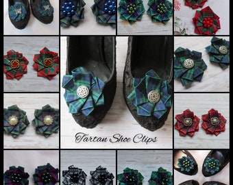 Tartan Shoe Clips - Scottish Highland Clan Plaid Ribbon Ruffle & Crystal or Pearl Shoe Decoration One Pair - Made to Order