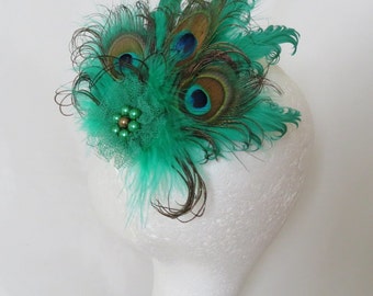 Emerald Green Vintage Style Peacock Feather Hair Clip Fascinator Pearl Regency Bridal Brides Wedding Headpiece - Made to Order