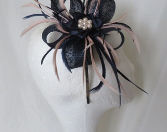 Navy Blue and Pale Blush Antique Rose Pink Sinamay Loop Fascinator Mini Hat Headpiece Wedding Races Ladies Day - Made to Order