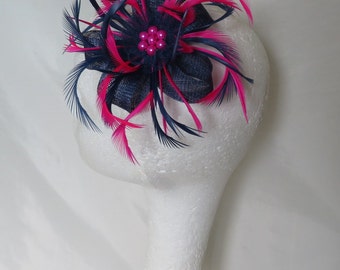 Light Navy Blue and Bright Fuchsia Hot Pink Sinamay Loop Feather Pearl Hair Clip Fascinator Headpiece Wedding Races - Made to Order